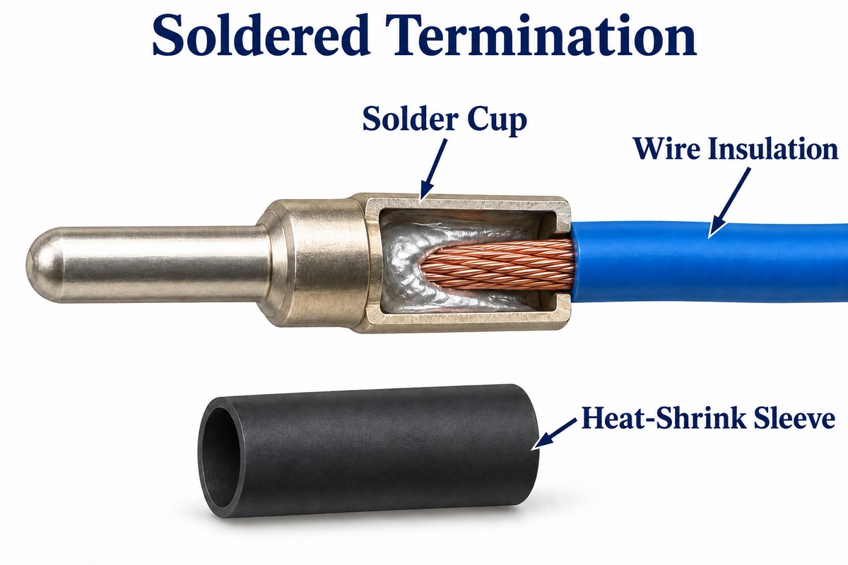Illustrative solder-cup wire termination with insulation and separate heat-shrink sleeve