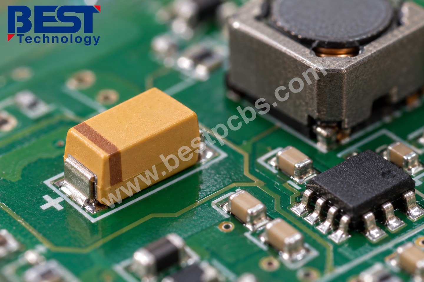 AI-generated photographic-style illustration of a molded tantalum capacitor and smaller ceramic capacitors in a PCB power section