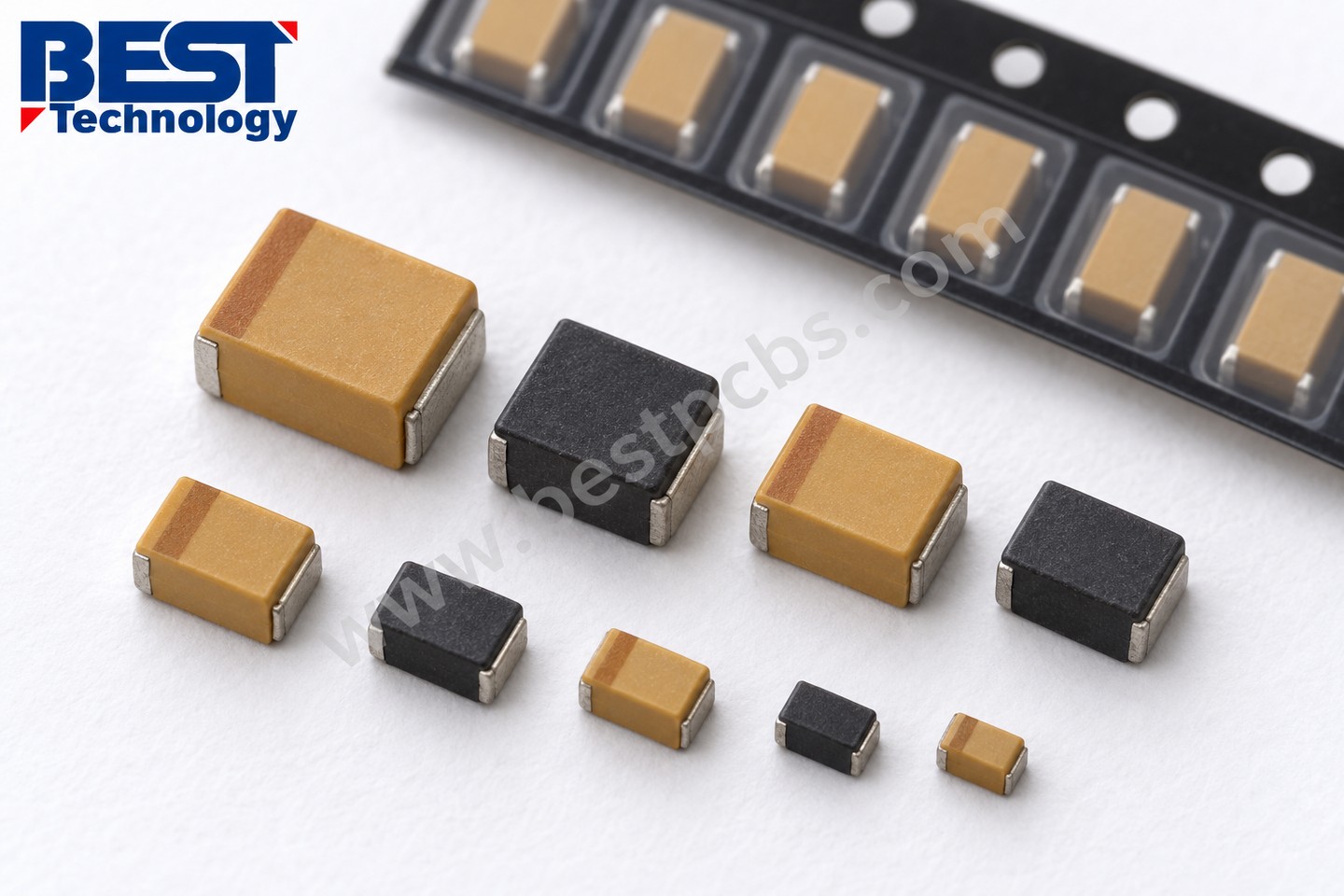 AI-generated photographic-style illustration of molded capacitor package sizes and carrier-tape packaging; appearance does not identify cathode technology
