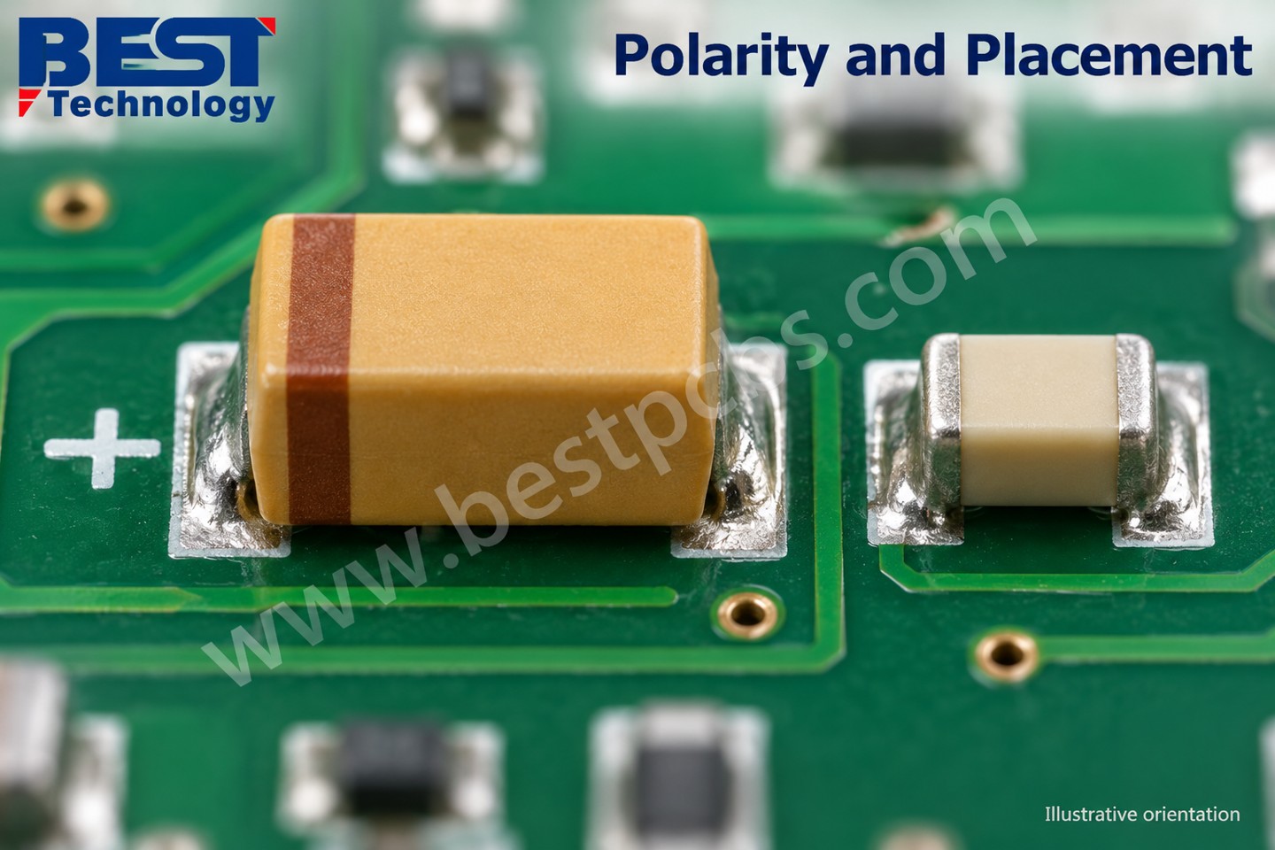 Illustrative molded SMD tantalum capacitor orientation with positive-end stripe and matching PCB positive mark