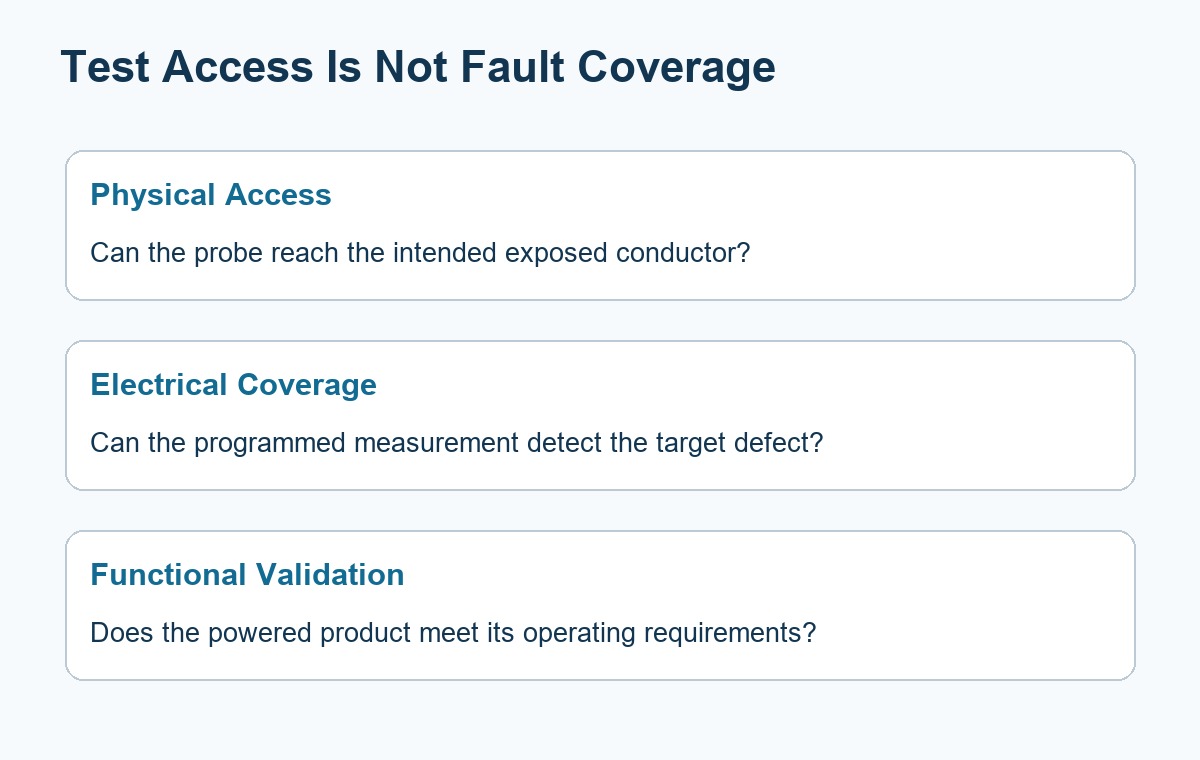 Physical probe access, electrical fault coverage, and powered functional validation as separate checks