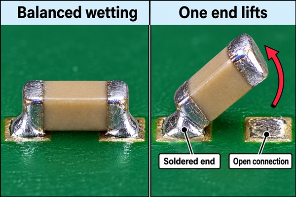 Balanced wetting compared with one end lifting while the other remains soldered