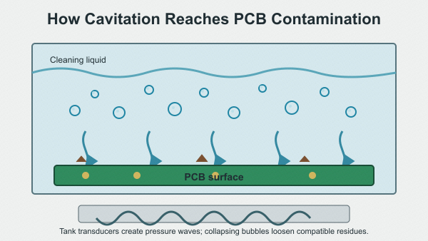 Technical diagram showing cavitation bubbles removing contamination from a PCB surface