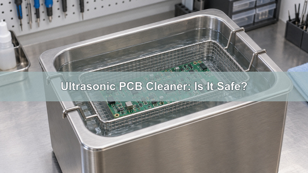Ultrasonic PCB cleaner with an assembled circuit board supported in a stainless steel basket, illustrative image