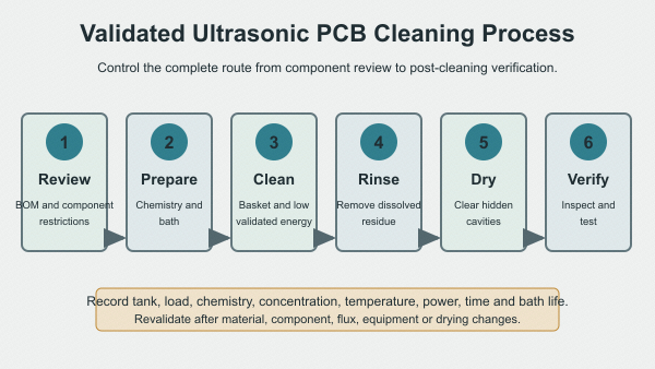 Ultrasonic PCB cleaning process from preparation and basket cleaning through DI rinse, drying and inspection