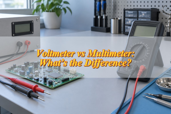 voltmeter vs multimeter, panel voltmeter and handheld multimeter beside a PCB on an electronics bench