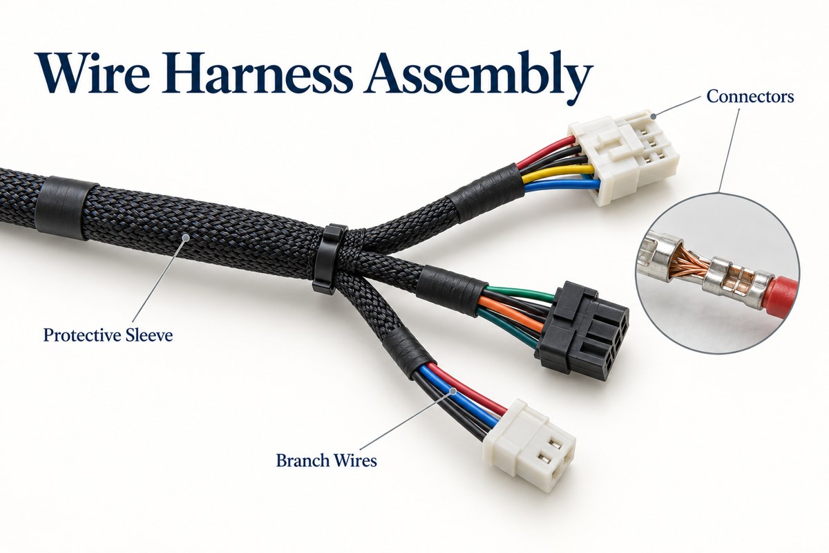 Branching wire harness with connector housings, insulated wires, and protective sleeving