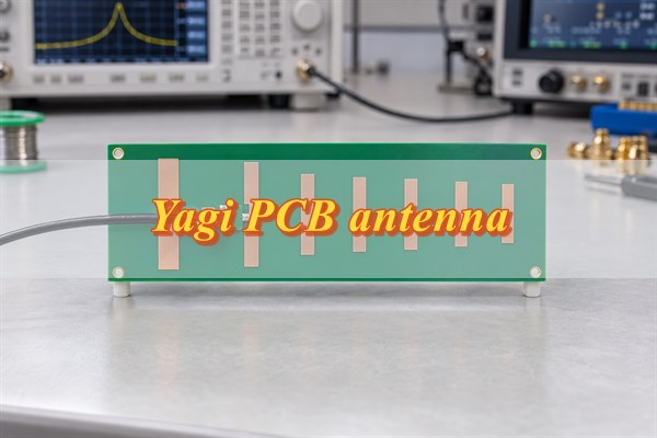 Yagi PCB antenna, directional printed antenna board on an RF engineering bench